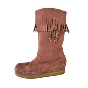 Vintage Y2K Pink Fringe Women’s Midi Boot Beaded Report Dubais Size 7 Boho